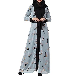 Printed Shrug Abaya- Sky Blue-Black color